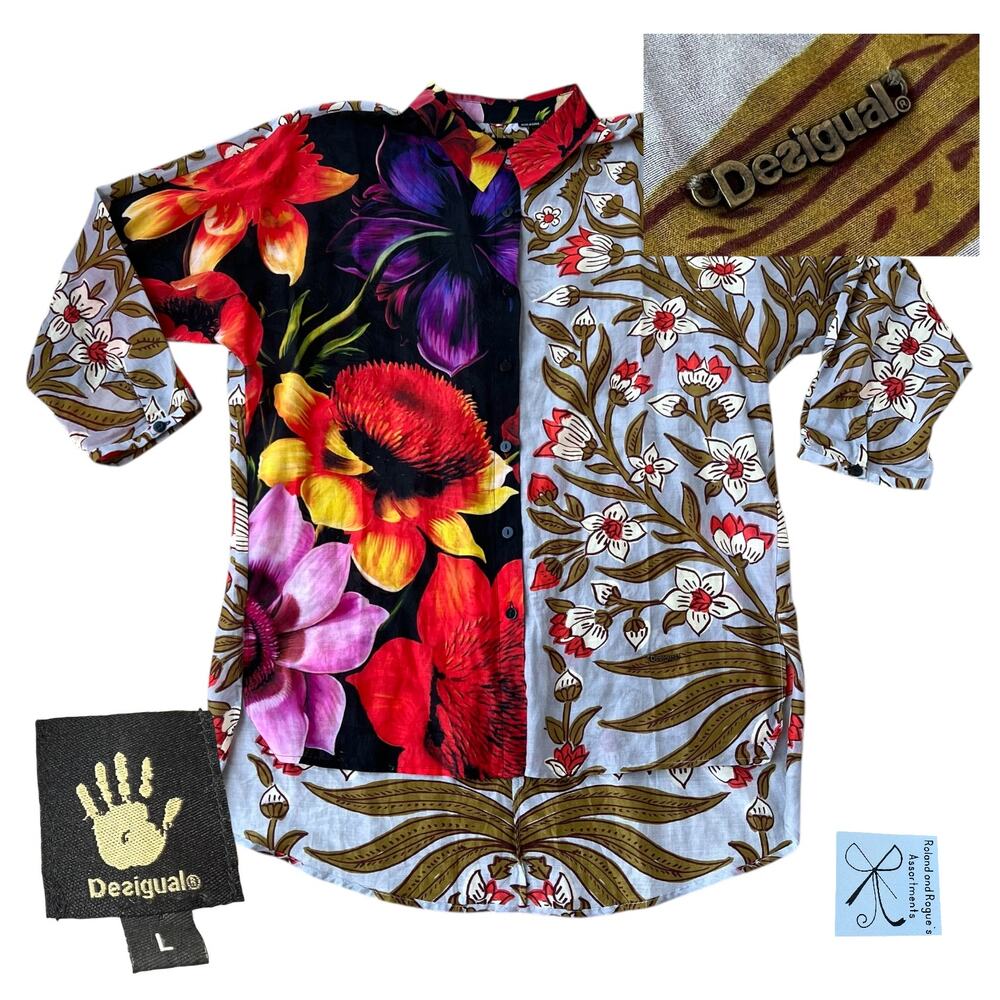 Desigual Cotton/Silk Blend Button-up Tunic Shirt Sz L